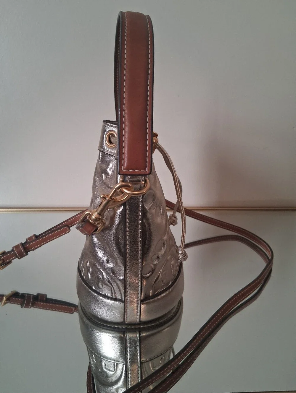 Tory Burch Mini T Monogram Metallic Bucket Bag